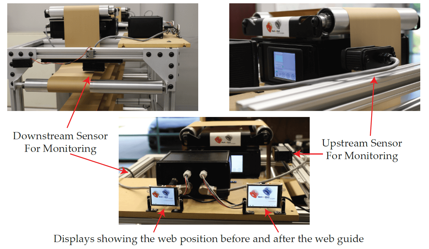 Sensors measuring web position upstream and downstream of the web guide.